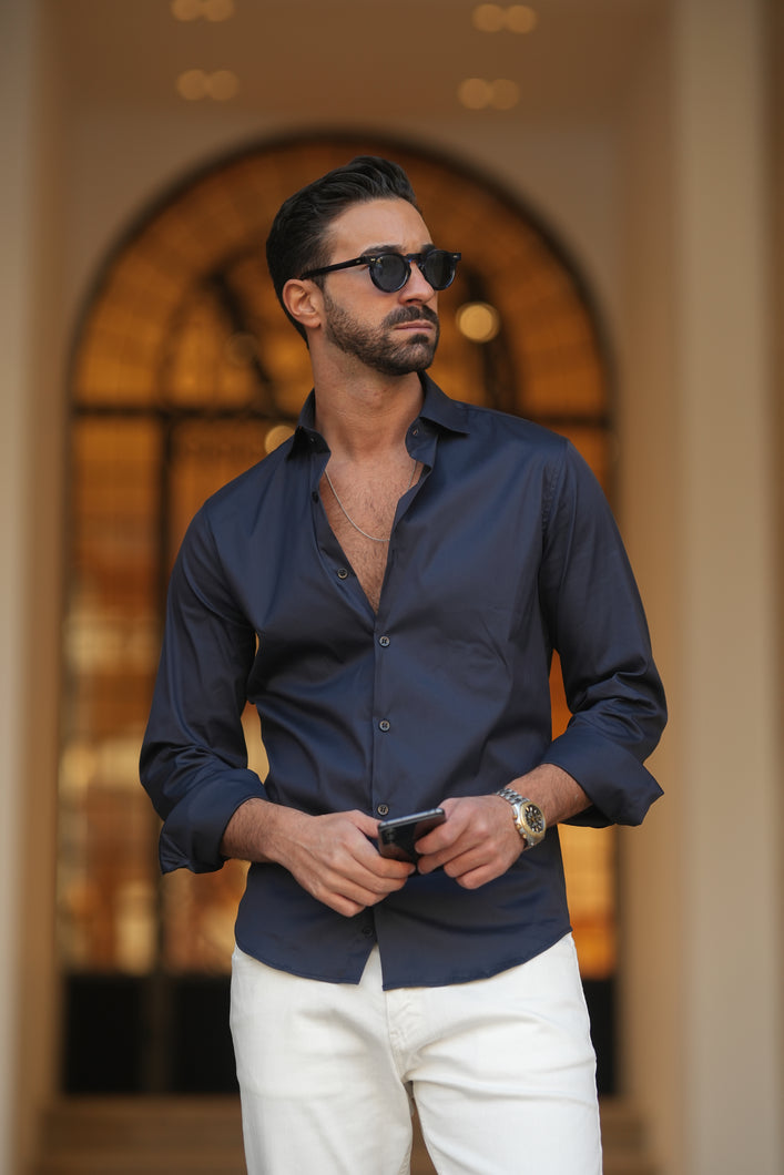 Blue Elastic Shirt Slim Fit - Men Clothing | Leaders in Design & Quality | Donato